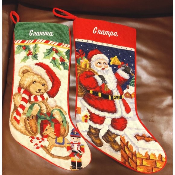 Vtg Needlepoint "Grandma" Toys Teddy "Grandpa" Santa Stockings 100% Wool Canvas - Picture 1 of 13